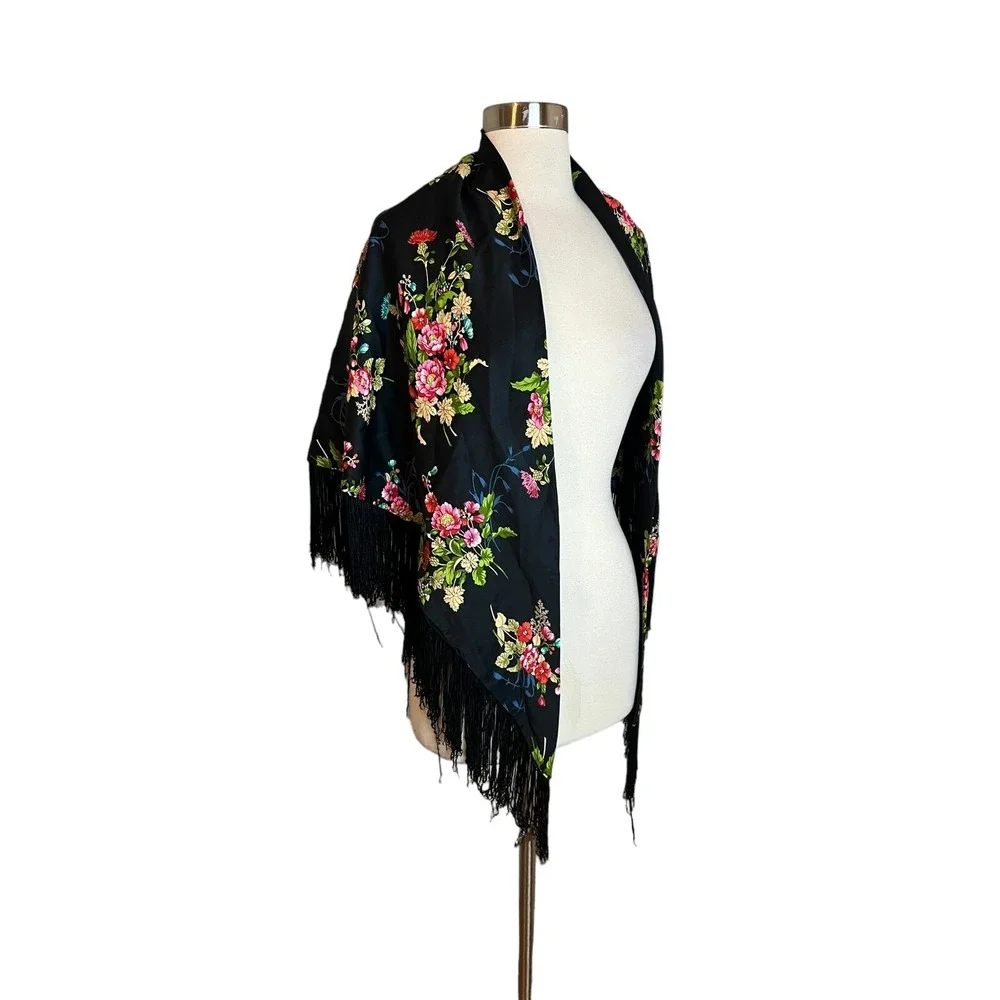 Black Women's Floral Shawl Satin With Fringe Wedding Dressy